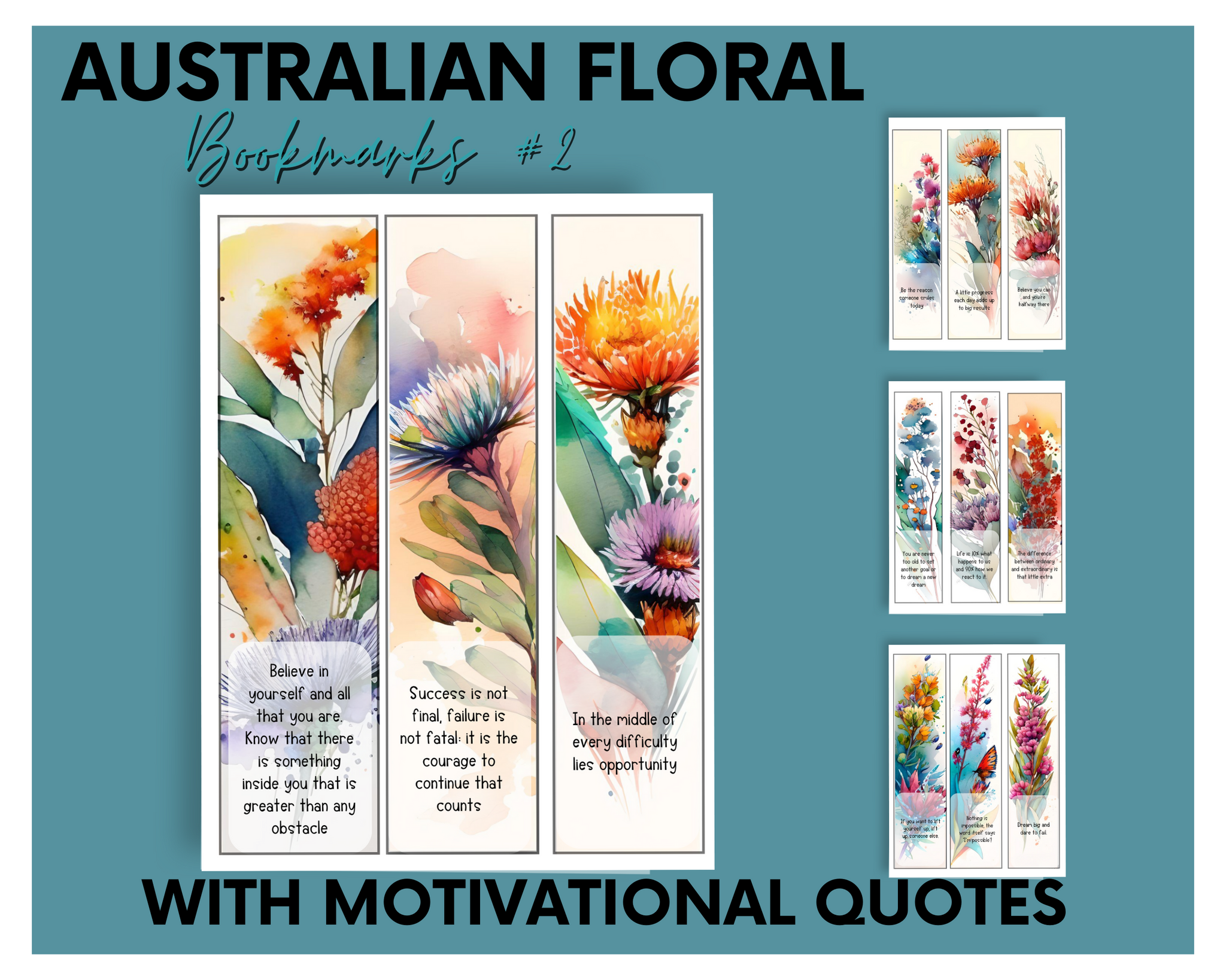 AUSTRALIAN -flowers watercolour bookmarks Version 2 with motivational quotes