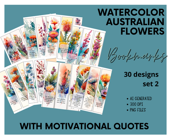 AUSTRALIAN -flowers watercolour bookmarks Version 2 with motivational quotes