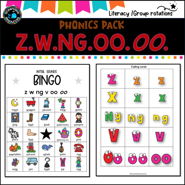 Phonics Bingo, peg cards, write the room, word match, worksheets Z W NG OO