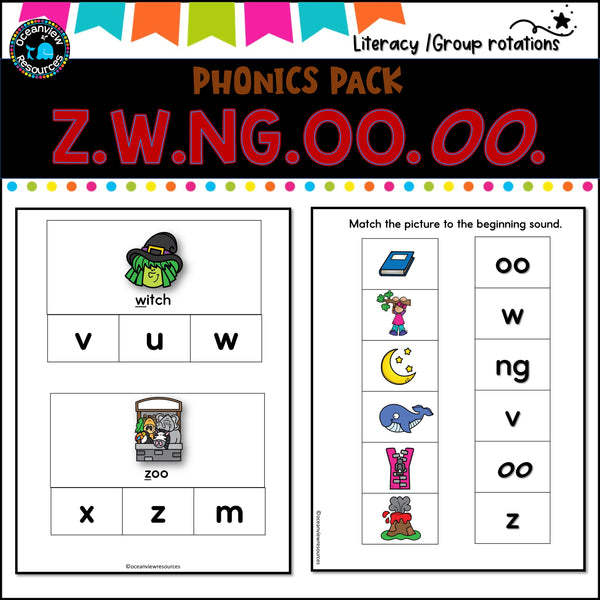 Phonics Bingo, peg cards, write the room, word match, worksheets Z W NG OO