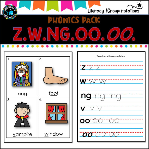 Phonics Bingo, peg cards, write the room, word match, worksheets Z W NG OO