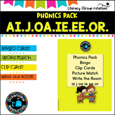 Phonics Bingo, peg cards, write the room, word match, worksheets  AI J OA IE EE OR