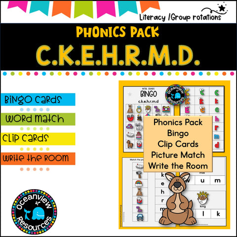 Phonics Bingo, peg cards, write the room, word match, worksheets C K E H R M D