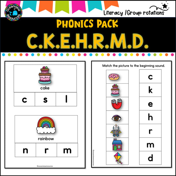 Phonics Bingo, peg cards, write the room, word match, worksheets  C K E H R M D