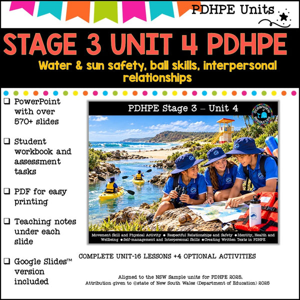 STAGE 3 UNIT 4 NSW Aligned PDHPE sun, water safety, healthy, relationships, games, inclusion