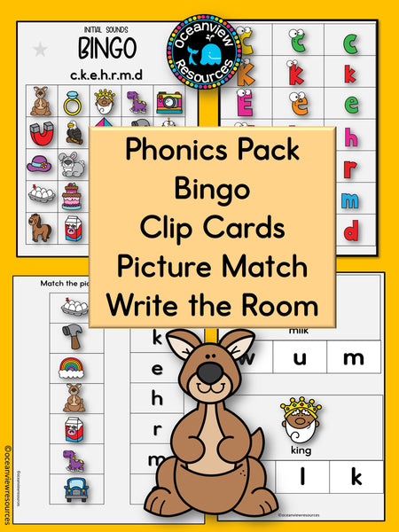Phonics Bingo, peg cards, write the room, word match, worksheets  C K E H R M D