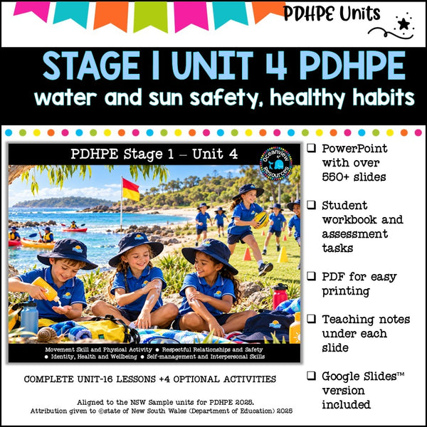 STAGE 1 UNIT 4 NSW Aligned 2025 PDHPE COMPLETE Unit Water and Sun safety, Healthy Habits, PE skills