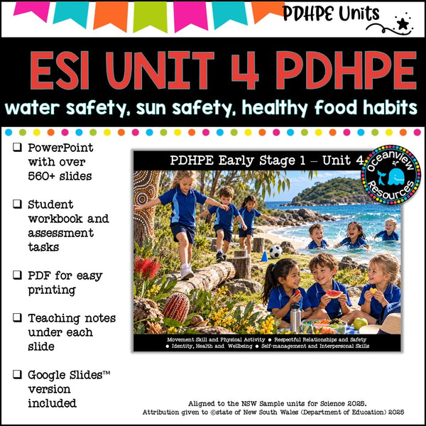 ES1 (KINDER)UNIT 4 NSW PDHPE Complete Unit-sun & water safety, healthy eating, PE, movement