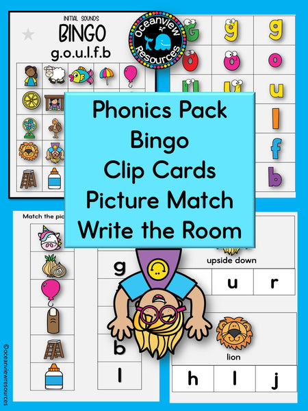 Phonics Bingo, peg cards, write the room, word match, worksheets  G O U L F B