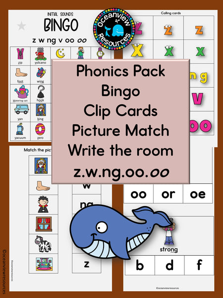 Phonics Bingo, peg cards, write the room, word match, worksheets Z W NG OO