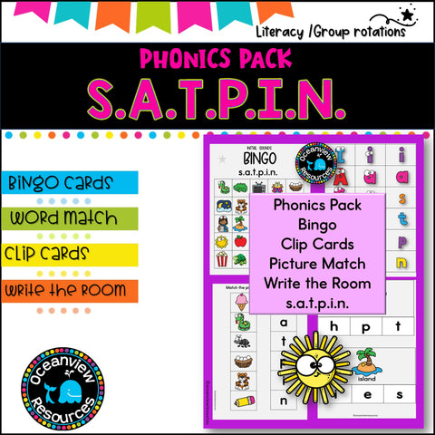 Phonics Bingo, peg cards, write the room, word match, worksheets S A T P I N