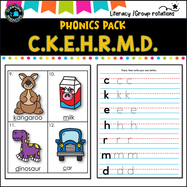 Phonics Bingo, peg cards, write the room, word match, worksheets  C K E H R M D