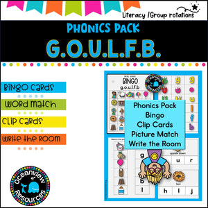 Phonics Bingo, peg cards, write the room, word match, worksheets  G O U L F B