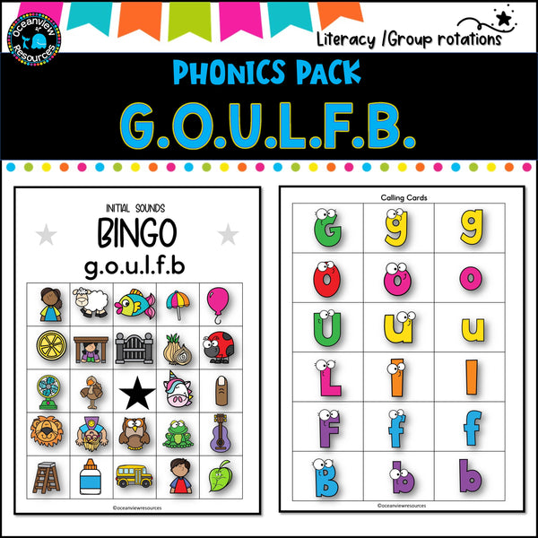 Phonics Bingo, peg cards, write the room, word match, worksheets  G O U L F B