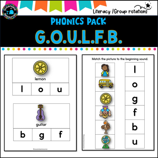 Phonics Bingo, peg cards, write the room, word match, worksheets  G O U L F B