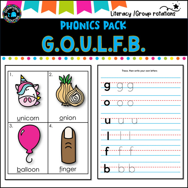 Phonics Bingo, peg cards, write the room, word match, worksheets  G O U L F B