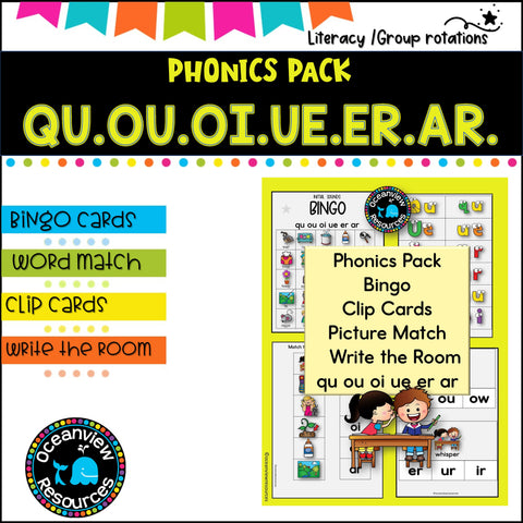 Phonics Bingo, peg cards, write the room, word match, worksheets  QU OU OI UE AR ER