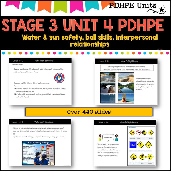 STAGE 3 UNIT 4 NSW Aligned PDHPE sun, water safety, healthy, relationships, games, inclusion