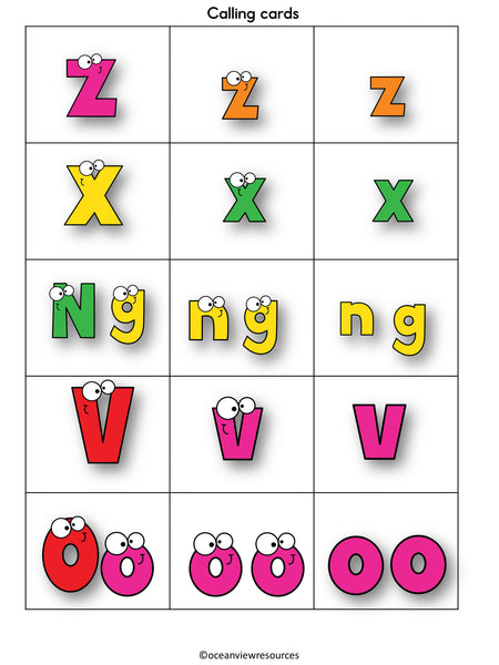 Phonics Bingo, peg cards, write the room, word match, worksheets Z W NG OO