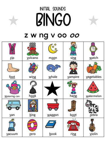 Phonics Bingo, peg cards, write the room, word match, worksheets Z W NG OO