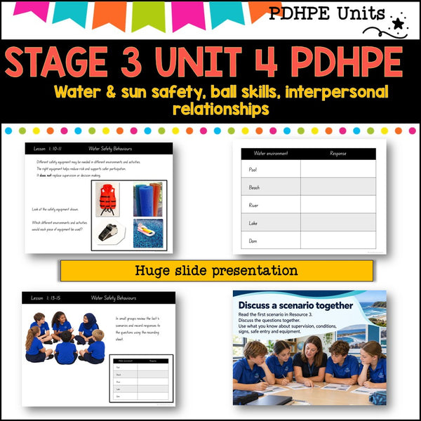 STAGE 3 UNIT 4 NSW Aligned PDHPE sun, water safety, healthy, relationships, games, inclusion