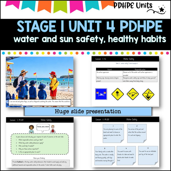 STAGE 1 UNIT 4 NSW Aligned 2025 PDHPE COMPLETE Unit Water and Sun safety, Healthy Habits, PE skills
