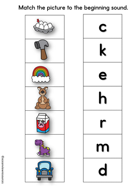 Phonics Bingo, peg cards, write the room, word match, worksheets  C K E H R M D