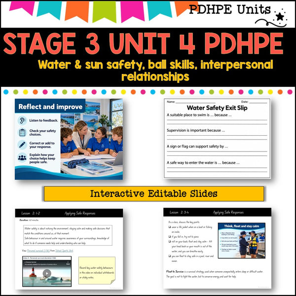 STAGE 3 UNIT 4 NSW Aligned PDHPE sun, water safety, healthy, relationships, games, inclusion