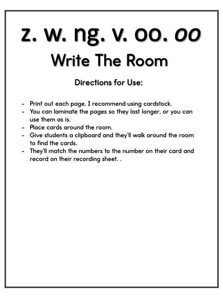 Phonics Bingo, peg cards, write the room, word match, worksheets Z W NG OO