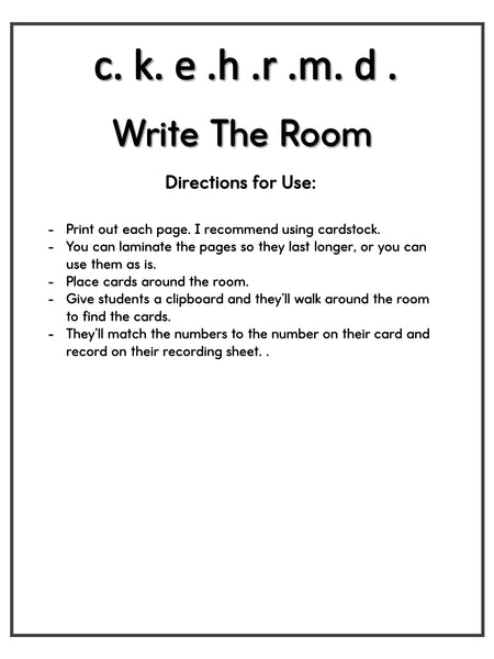 Phonics Bingo, peg cards, write the room, word match, worksheets  C K E H R M D