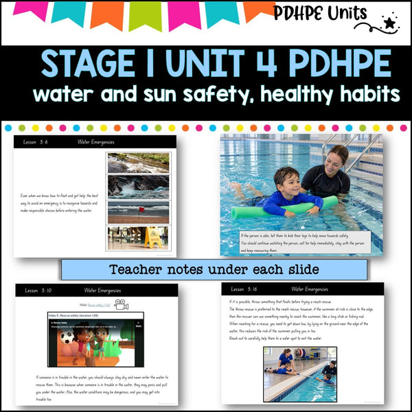 STAGE 1 UNIT 4 NSW Aligned 2025 PDHPE COMPLETE Unit Water and Sun safety, Healthy Habits, PE skills
