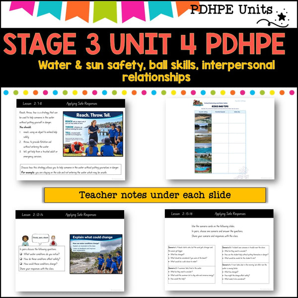 STAGE 3 UNIT 4 NSW Aligned PDHPE sun, water safety, healthy, relationships, games, inclusion
