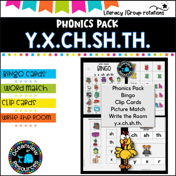 Phonics Bingo, peg cards, write the room, word match, worksheets Y X CH SH TH