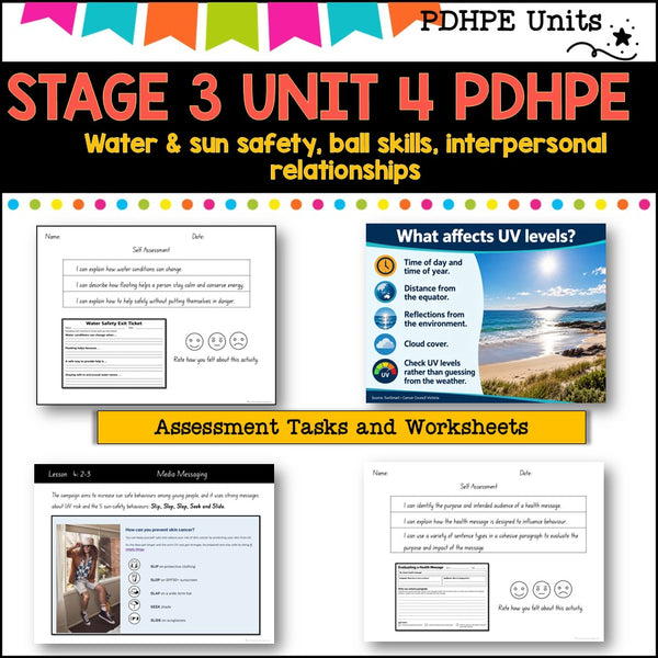 STAGE 3 UNIT 4 NSW Aligned PDHPE sun, water safety, healthy, relationships, games, inclusion
