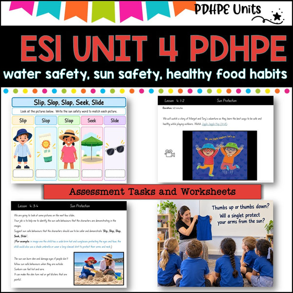 ES1 (KINDER)UNIT 4 NSW PDHPE Complete Unit-sun & water safety, healthy eating, PE, movement