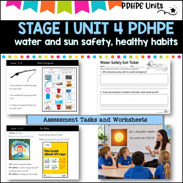 STAGE 1 UNIT 4 NSW Aligned 2025 PDHPE COMPLETE Unit Water and Sun safety, Healthy Habits, PE skills
