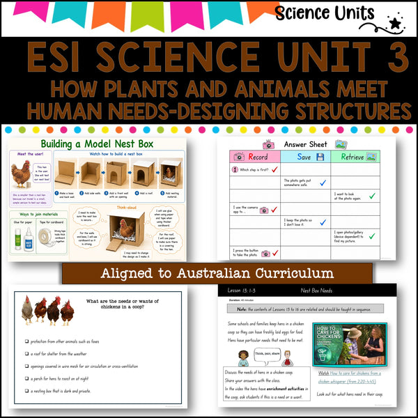 ES1 UNIT 3 NSW DET Science complete unit-plants and animals meet human needs, designing structures to meet user needs