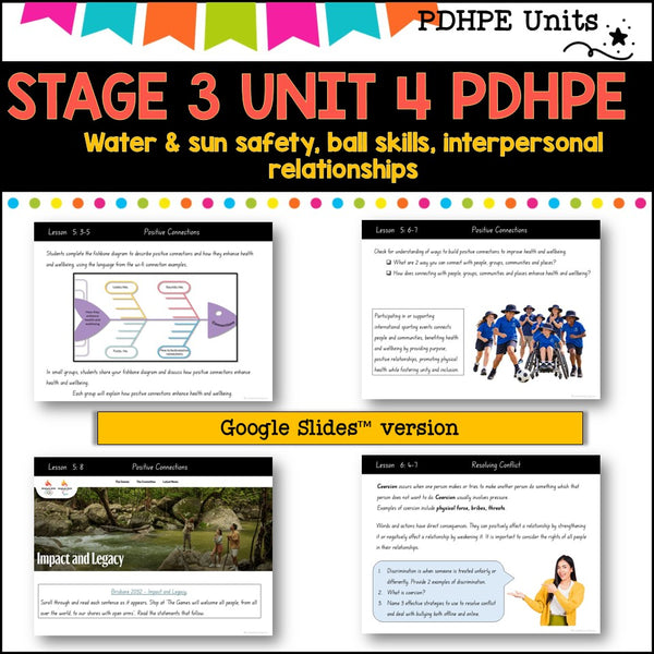 STAGE 3 UNIT 4 NSW Aligned PDHPE sun, water safety, healthy, relationships, games, inclusion