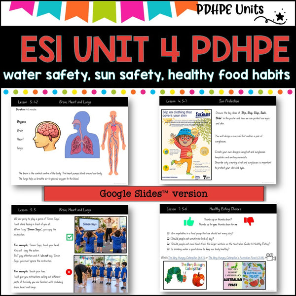ES1 (KINDER)UNIT 4 NSW PDHPE Complete Unit-sun & water safety, healthy eating, PE, movement