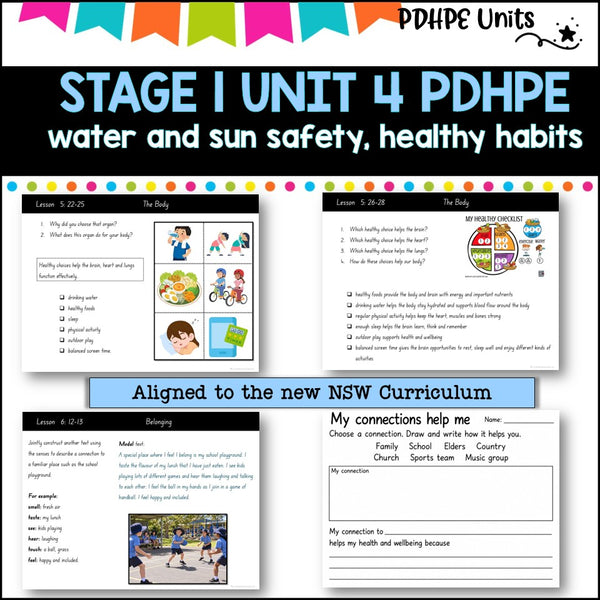 STAGE 1 UNIT 4 NSW Aligned 2025 PDHPE COMPLETE Unit Water and Sun safety, Healthy Habits, PE skills