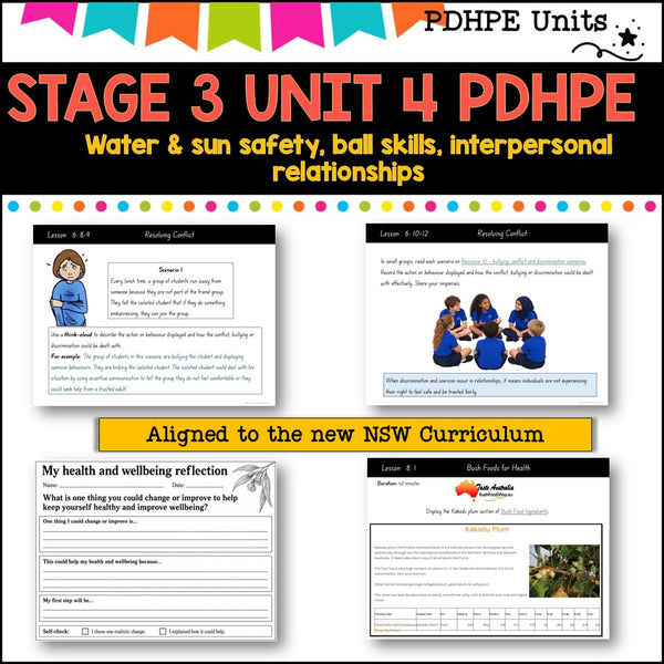 STAGE 3 UNIT 4 NSW Aligned PDHPE sun, water safety, healthy, relationships, games, inclusion