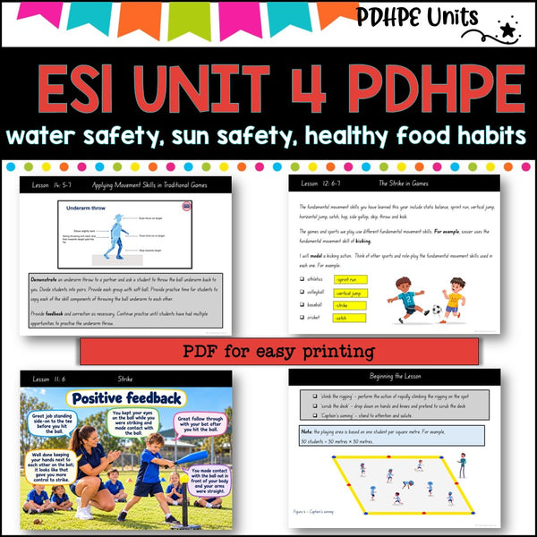 ES1 (KINDER)UNIT 4 NSW PDHPE Complete Unit-sun & water safety, healthy eating, PE, movement