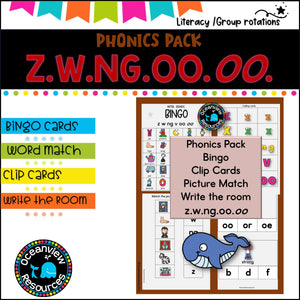 Phonics Bingo, peg cards, write the room, word match, worksheets Z W NG OO