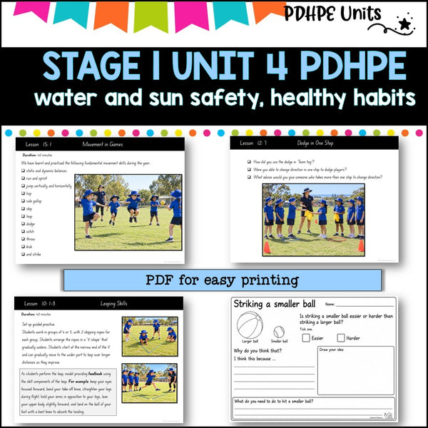 STAGE 1 UNIT 4 NSW Aligned 2025 PDHPE COMPLETE Unit Water and Sun safety, Healthy Habits, PE skills