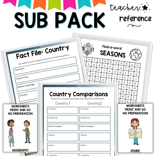 Substitute Teacher - Relief Teaching Activity Pack - Elementary grades 3-4