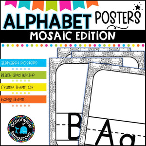 Alphabet Posters -Black and White Kaleidoscope Squares-Mosaic Design