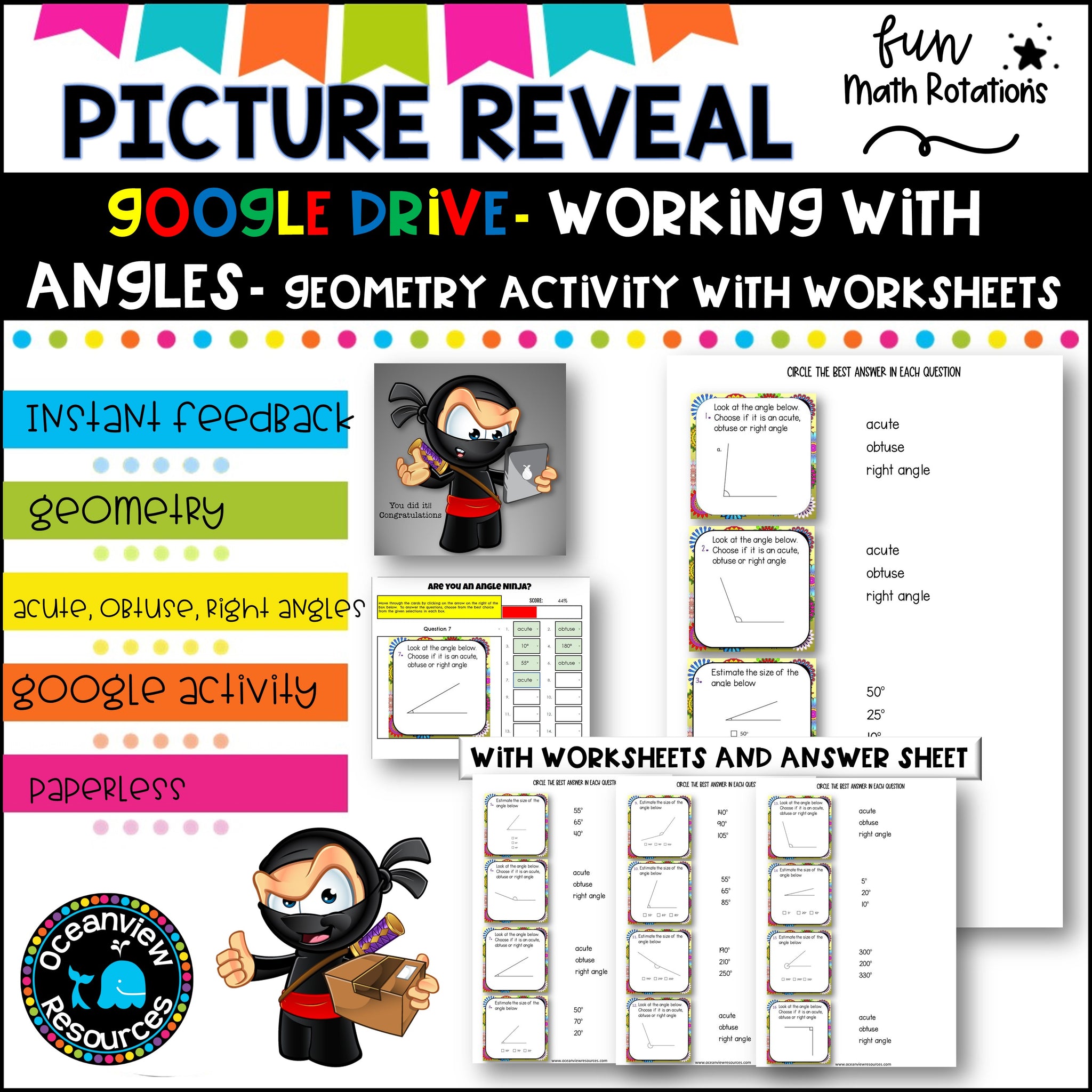 GOOGLE slides NINJA picture reveal 16 questions about angles with worksheets