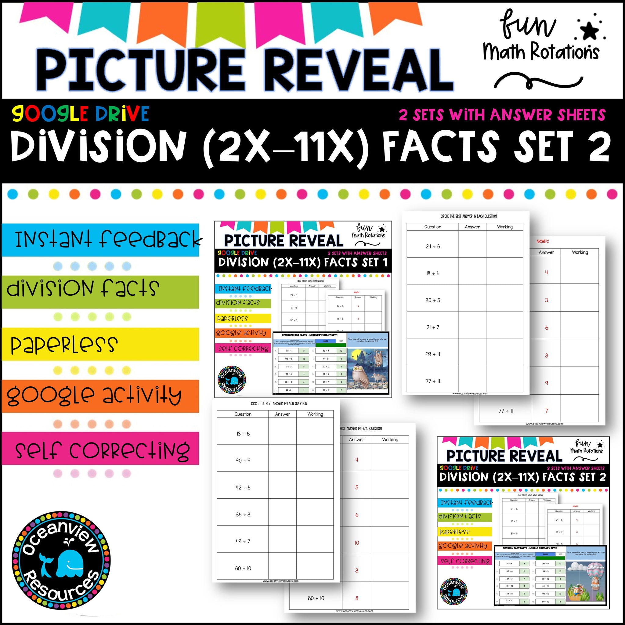 FUN Picture reveal DIGIT mixed division with worksheets (2 sets)