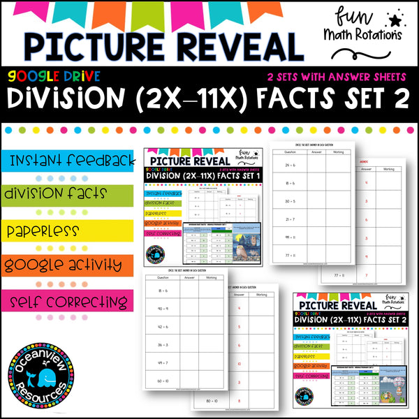 FUN Picture reveal DIGIT mixed division with worksheets (2 sets)