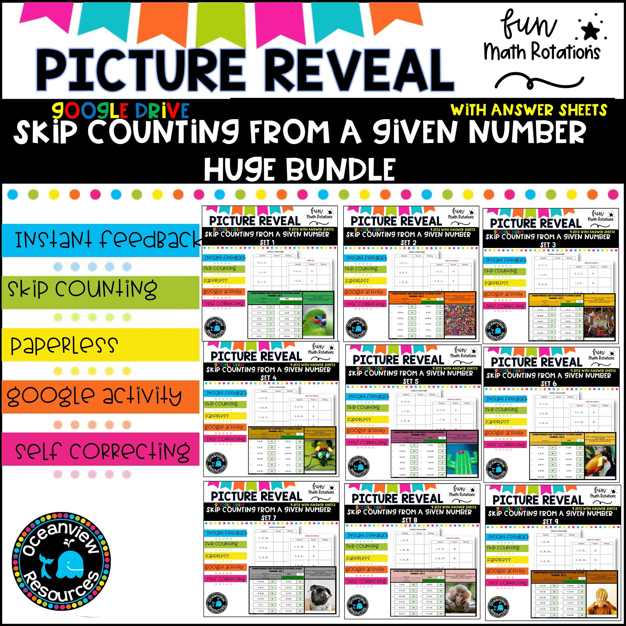 GOOGLE Picture Reveal SKIP COUNTING FROM A GIVEN NUMBER with worksheets (9 sets)